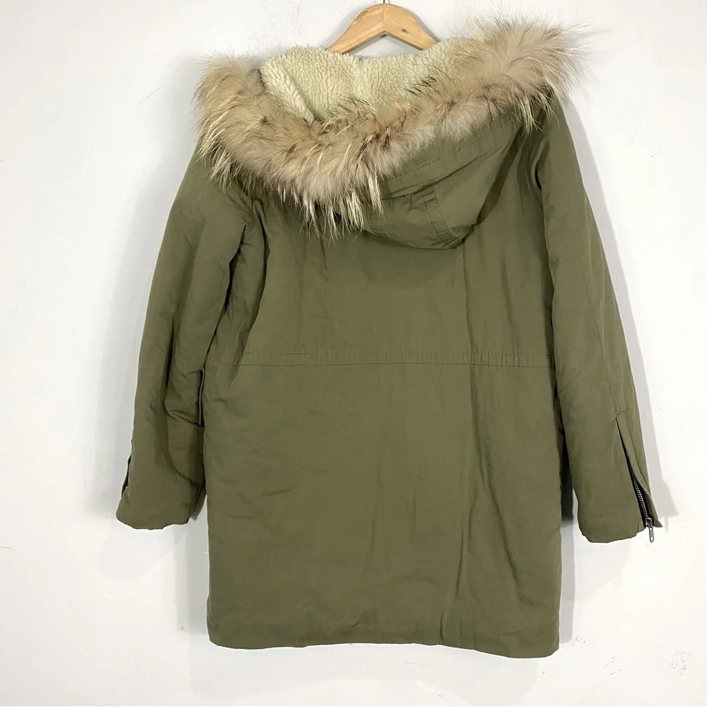 SANDRO Parka Fur Hood Khaki Coat Olive Green